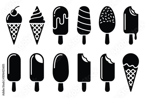 Collection of Black and White Ice Cream Icons and Illustrations