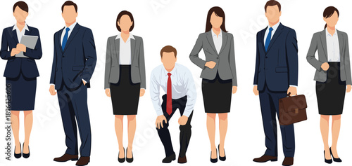 Business professionals team illustration, men women office workers standing poses, corporate staff characters, flat vector design, modern professional workplace collection
