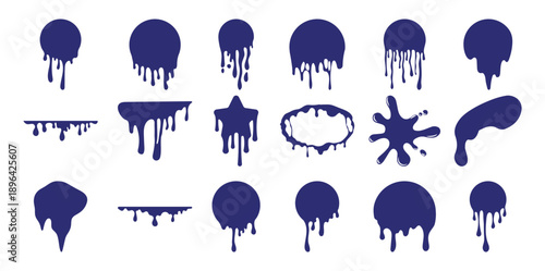 Collection of dark blue dripping paint splatters and shapes white