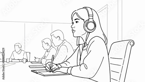 Young woman wearing headphones takes notes in a meeting.