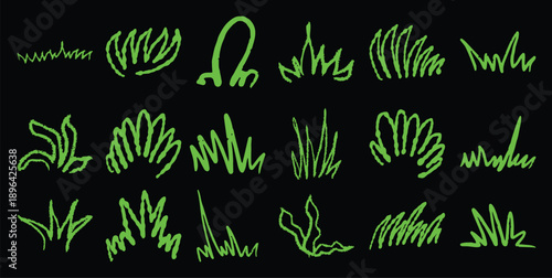 Collection of hand drawn green grass tufts black nature plant