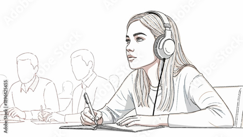 Young woman wearing headphones studying in a classroom setting.
