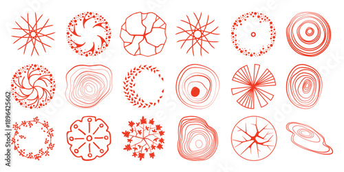 Collection of red abstract circular and organic shapes with varied patterns