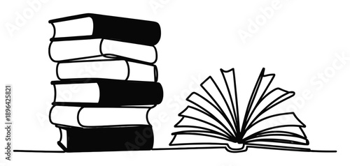 Stack of Books and Open Book Illustration