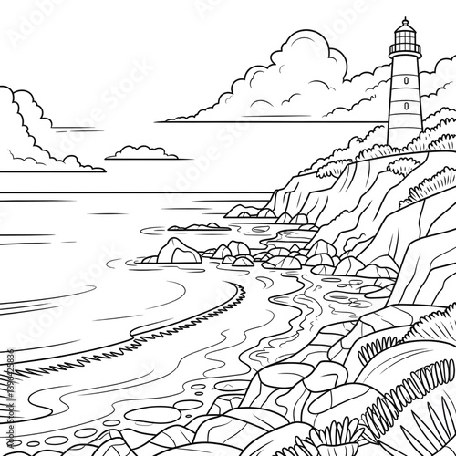 Lighthouse coast cliff vector style coloring page 