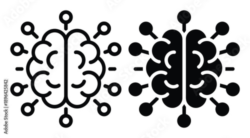 Stylized Brain Icons: Outline and Solid Fill Representing AI and Neural Networks