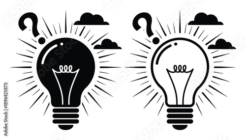 Two Lightbulbs, One Black, One White, With Question Marks and Clouds