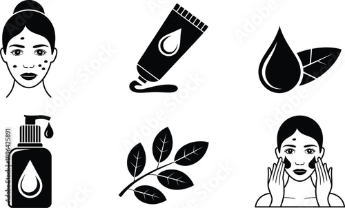 Woman applying skincare products with leaf and droplet face