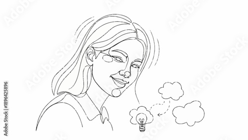 Young woman with a bright idea represented by a lightbulb and clouds.