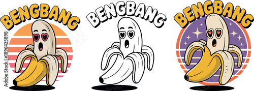 Three cartoon banana ghosts with heart eyes and Bengbang text
