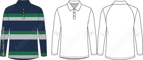 Long sleeve polo shirt vector illustration, striped and plain designs front back views, mens casual apparel template, isolated on white background
