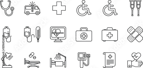 Medical healthcare line icon set featuring ambulance, stethoscope, wheelchair access, first aid kit, hospital equipment, IV drip, heart monitor, crutches, bandage symbols collection