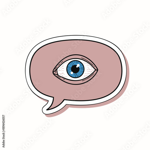 Surreal illustration of a speech bubble containing an eye. Concept of communication, observation, awareness, and conscious expression.