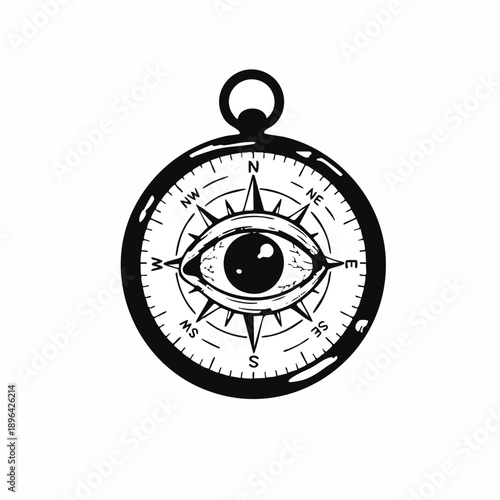Surreal black and white illustration of a compass with an eye in the center. Symbolic concept of direction, vision, awareness, intuition, guidance, and inner navigation. Ideal for conceptual designs, 