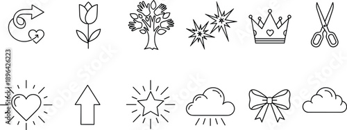 Minimal outline icon set featuring heart, flower, tree, crown, scissors, starburst, clouds, arrow, bow, love symbols for decorative design, branding, web use