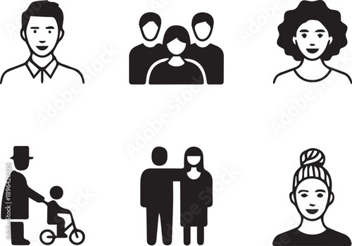 Diverse people icon set — black and white illustrations of individuals, families, caregivers, and companions in social poses