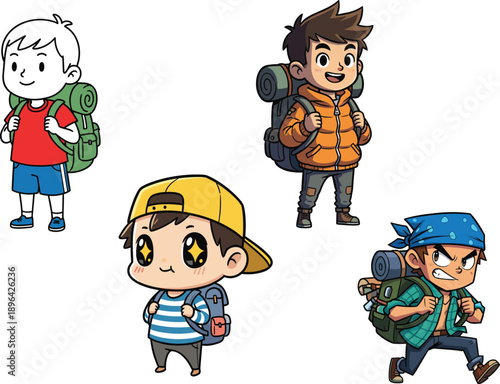 Cute cartoon boys with backpacks going on hiking adventure, outdoor camping, school trip, travel and exploration vector illustration design