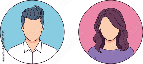 Male and female avatar profile icons, minimal flat user portraits, modern people illustration set, social media account symbols, isolated on white background