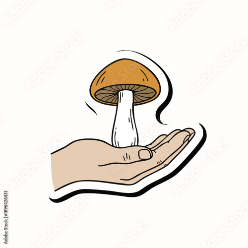 Illustration of a mushroom resting on an open hand. Symbolic concept of growth, nurturing, nature, and organic balance.