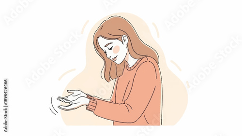 Young woman looking at her wrist with a gentle smile.