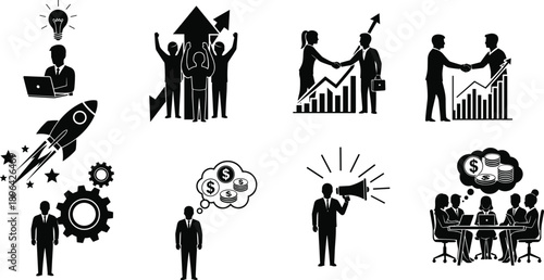 Silhouette vector icons representing business growth, innovation, teamwork, financial planning, and professional communication in modern corporate environments and strategic operations.