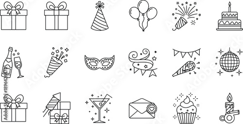 Party celebration line icon set featuring gifts balloons cake champagne masks confetti candles invitation festive symbols minimalist outline vector illustration collection for events