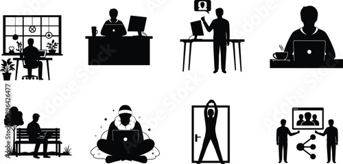 Silhouette illustrations of remote work environments and digital communication, showcasing flexible professional lifestyles from home offices to virtual meetings and outdoor workspaces.