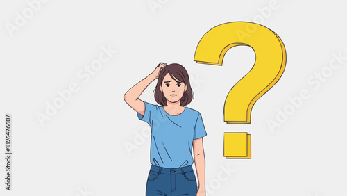Young woman scratching head near large yellow question mark.