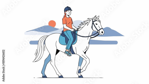 Young woman riding a white horse outdoors during sunset.