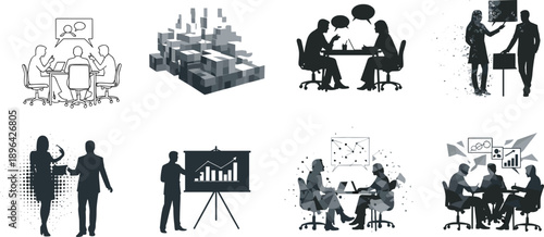 Silhouette vector illustrations of business meetings, data analysis, global , and strategic collaboration, representing modern corporate communication and professional teamwork environments.