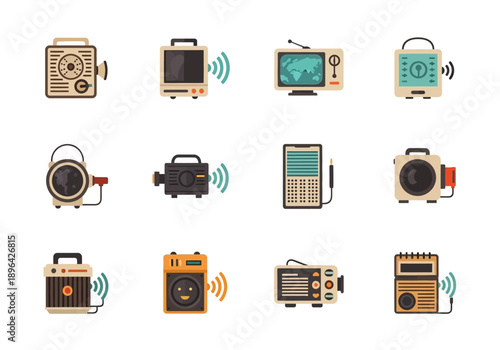 A grid of twelve vintage audio and video device icons in flat design