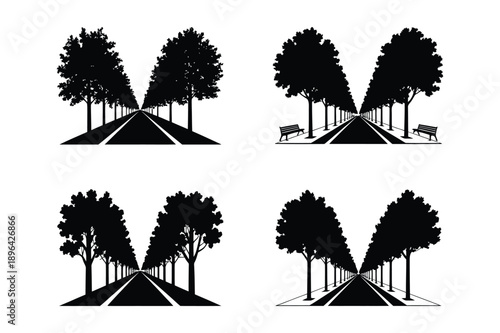 Tree Lined Avenue: Road Perspective with Benches