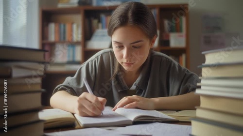Wallpaper Mural Focused student immersed in study session with books in library setting Torontodigital.ca