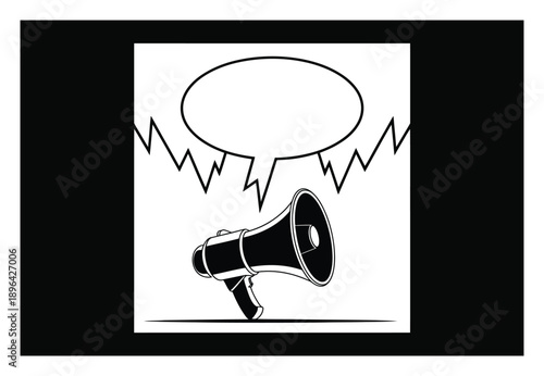Black and White Illustration of a Megaphone with a Speech Bubble and Sound Waves
