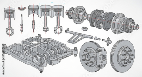 Automotive Engine Parts and Components Exploded View.