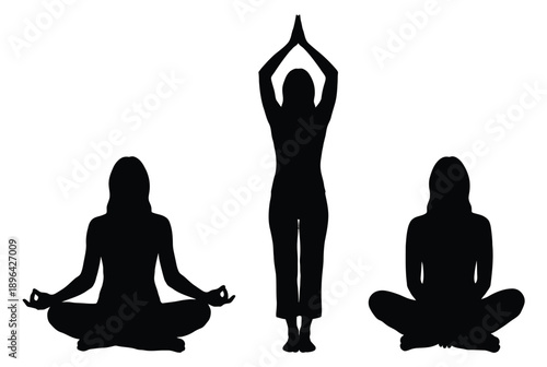 Three people practicing yoga in different poses on a white background