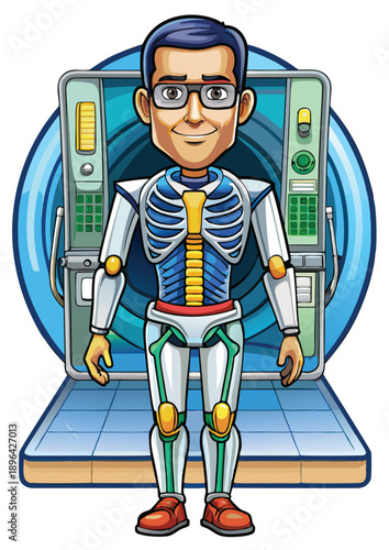 Animated male figure in futuristic medical scanner