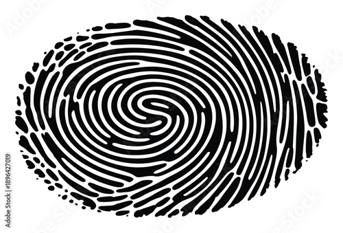 Black and White Fingerprint with Swirling Pattern on White Background