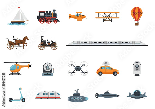 Collection of various vehicle icons sail train aircraft and watercraft