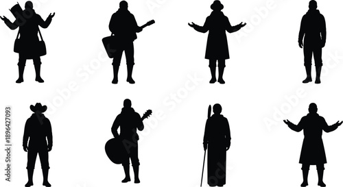 Silhouette vector illustrations of diverse characters and professions, featuring musicians, travelers, and cultural figures in dynamic poses and expressive attire for creative design use.