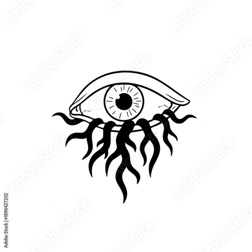 Black and white illustration of an eye with root-like shapes. Symbolic concept of perception, subconscious mind, awareness, and connection.