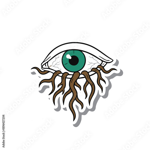 Surreal illustration of an eye with organic roots growing downward. Concept of perception, awareness, connection, subconscious, and inner vision.