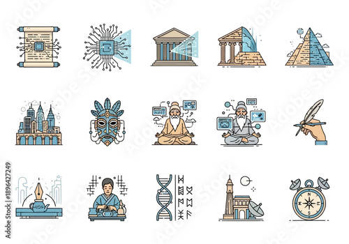 Fifteen lineart icons depicting history technology culture and science concepts