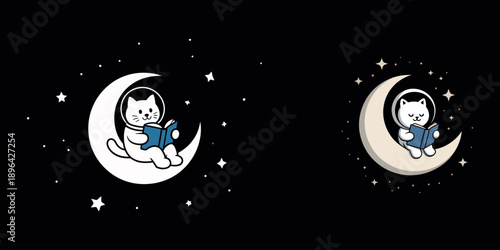 Two cartoon cats in space suits reading books on crescent moons