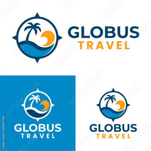 Travel agency logo with compass, palm tree, sea wave and sun