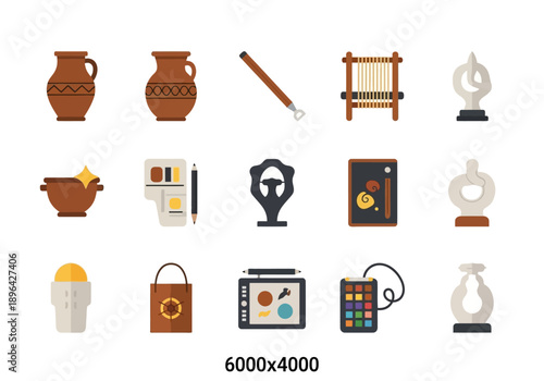 Set of fifteen flat icons related to pottery crafts and digital art