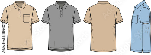 Mens polo shirt vector illustration, multiple colors front back side views, casual apparel design, short sleeve clothing, isolated background mockup