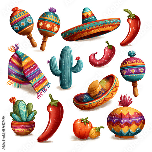 Set of Cinco de Mayo elements featuring maracas, chili peppers, sombrero, and pinata (2)