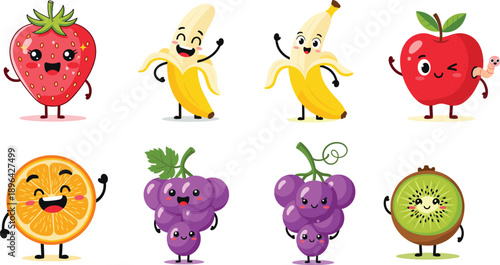 Cute cartoon fruits illustration including strawberry, banana, apple, orange, grapes, and kiwi characters in colorful kawaii vector style design