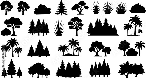 Collection of black silhouette icons representing various types of trees, plants, and vegetation, perfect for design and illustration projects